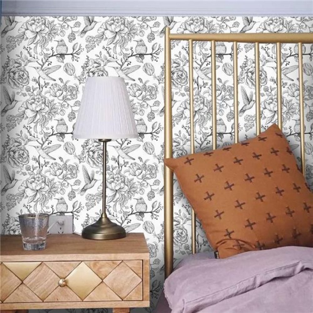 Peel & Stick Wallpaper Black White Floral Hummingbird 17.7"